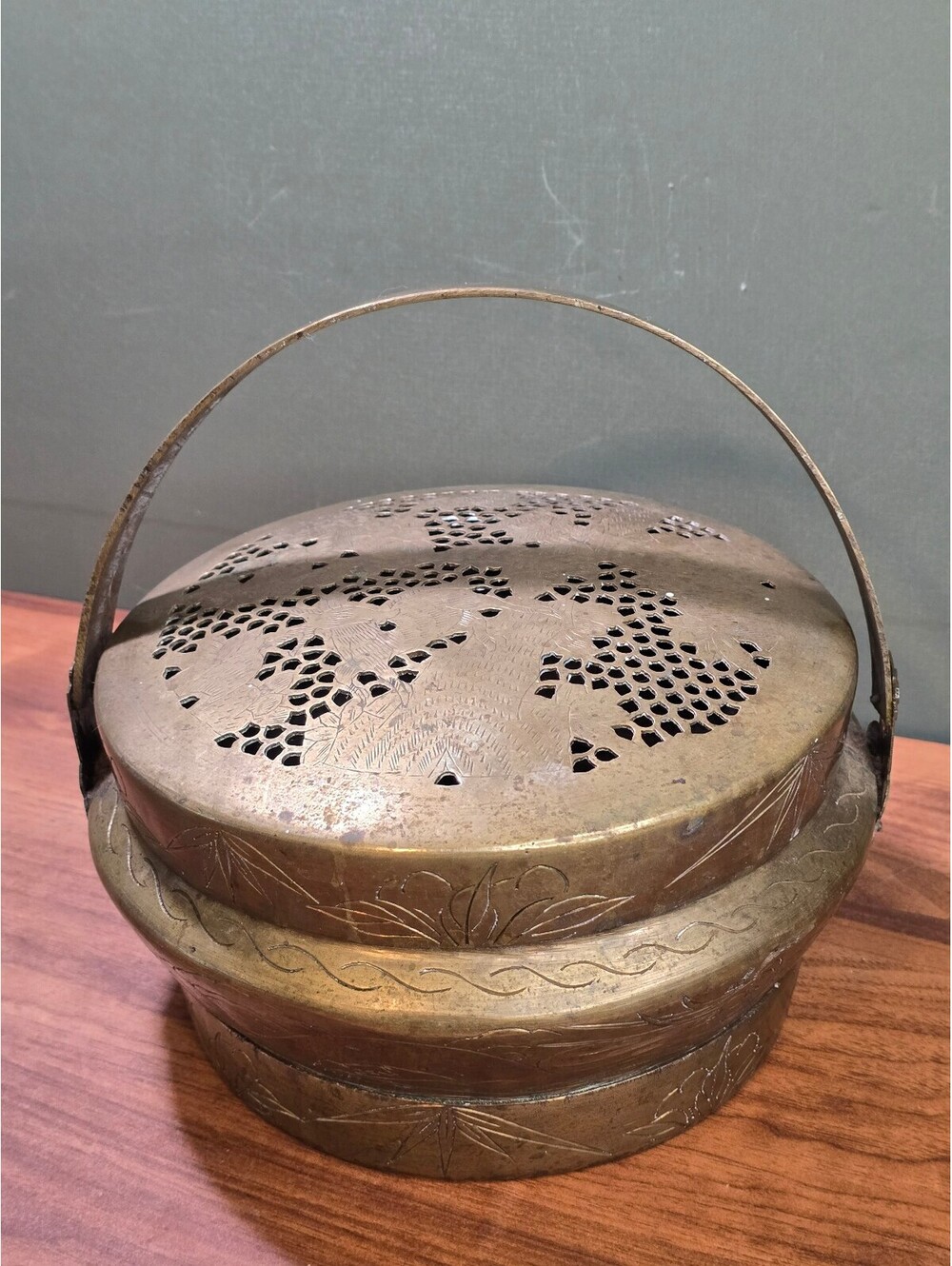 Antique Chinese Brass Hand Warmer | 8" Etched Floral Pierced Lid Brazier